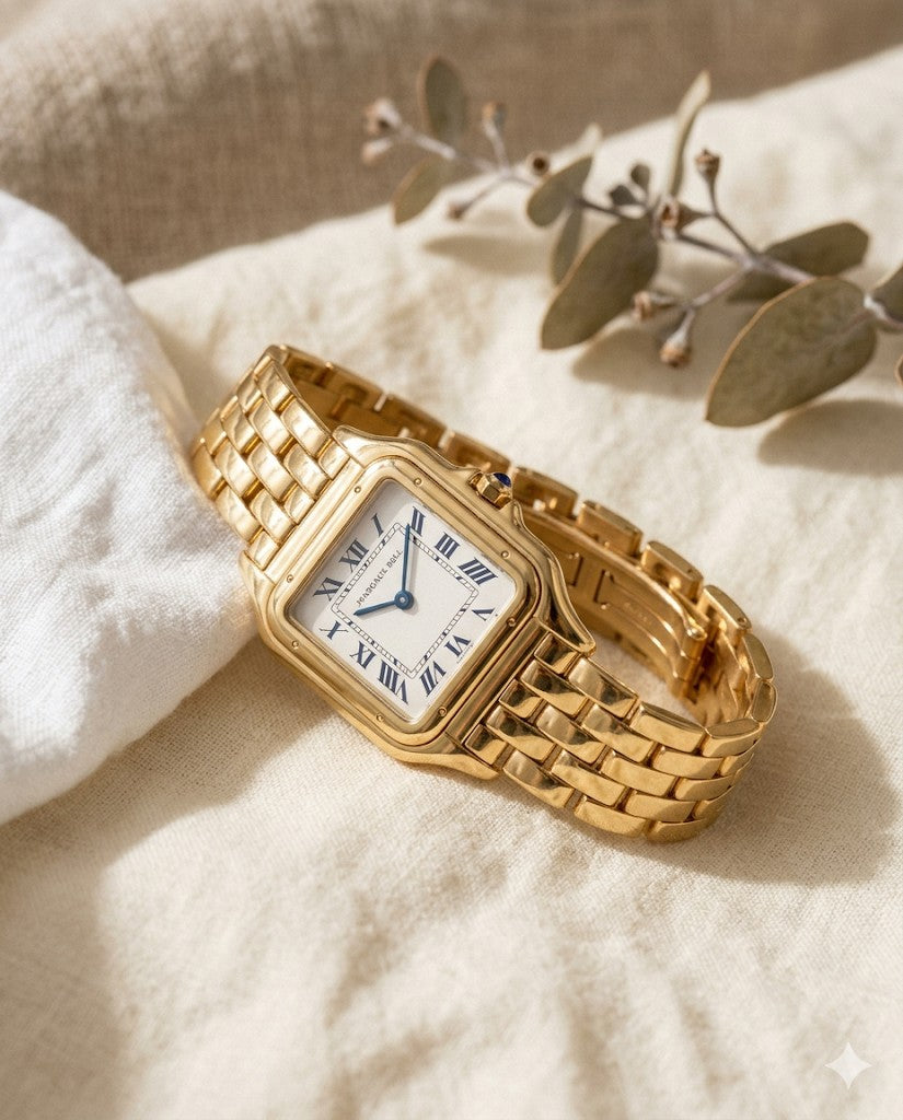 MARGAUX BELL square watch with eucalyptus on cream linen