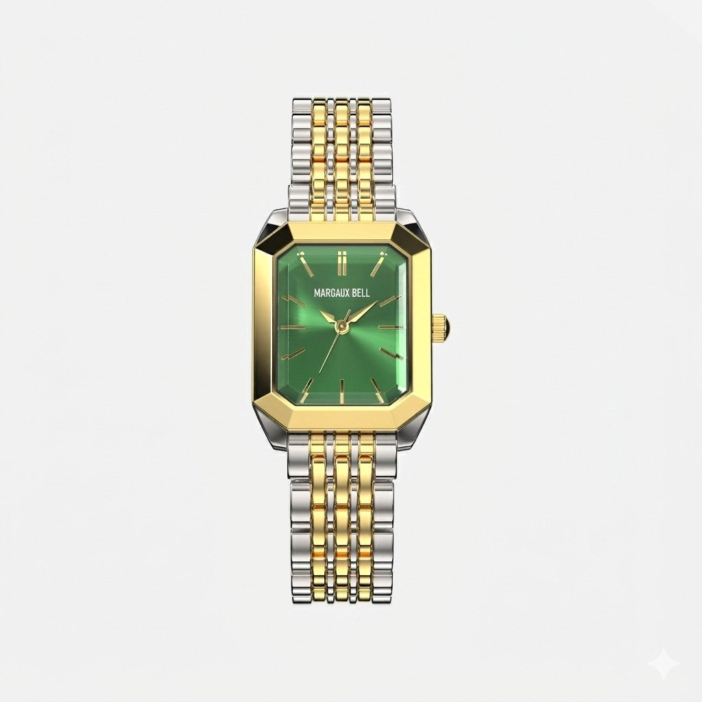 MARGAUX BELL Tank Watch — Two-Tone + Emerald