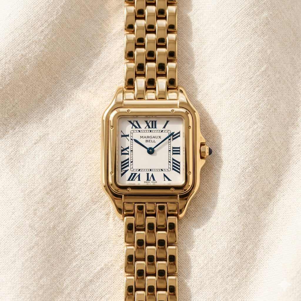 MARGAUX BELL pristine gold watch on cream linen